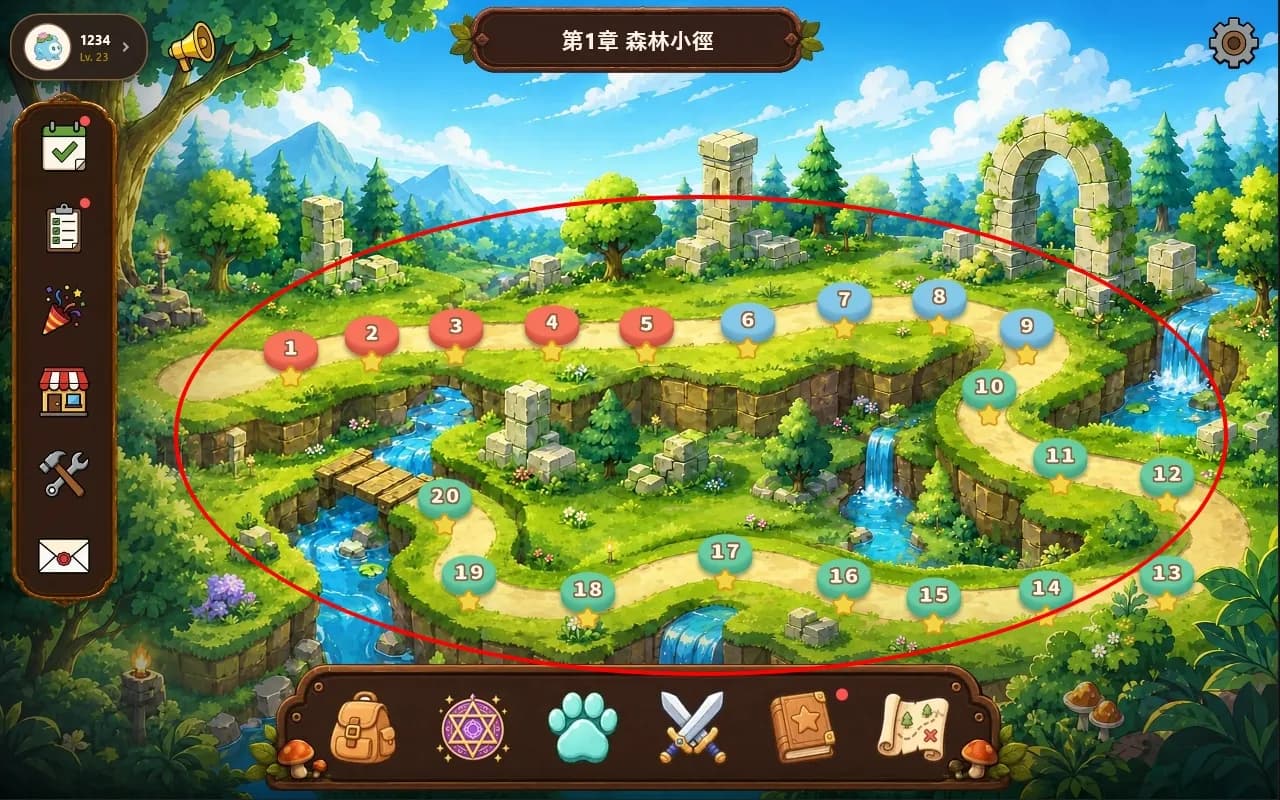 世界地圖與關卡圓點示意